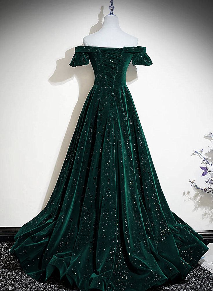 Velvet Off Shoulder Long Party Dress, Green A-line Prom Dress      fg4940