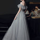 gray tulle off shoulder long prom dress, gray tulle formal dress    fg4459