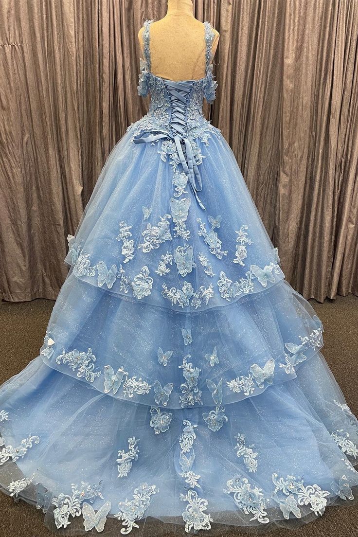 Blue Tulle Sweetheart Multi-Layer Ball Gown with 3D Floral Lace Prom Gown     fg4649