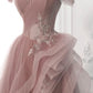 Pink Tulle Off Shoulder Long Prom Dresses with Lace Appliques, Off the Shoulder Pink Formal Dresses, Pink Evening Dresses       fg4919