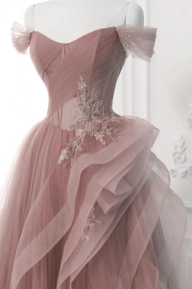 Pink Tulle Off Shoulder Long Prom Dresses with Lace Appliques, Off the Shoulder Pink Formal Dresses, Pink Evening Dresses       fg4919