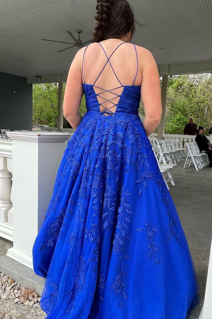 Royal Blue Lace Applique Prom Dresses A Line Long Evening Gown     fg4902