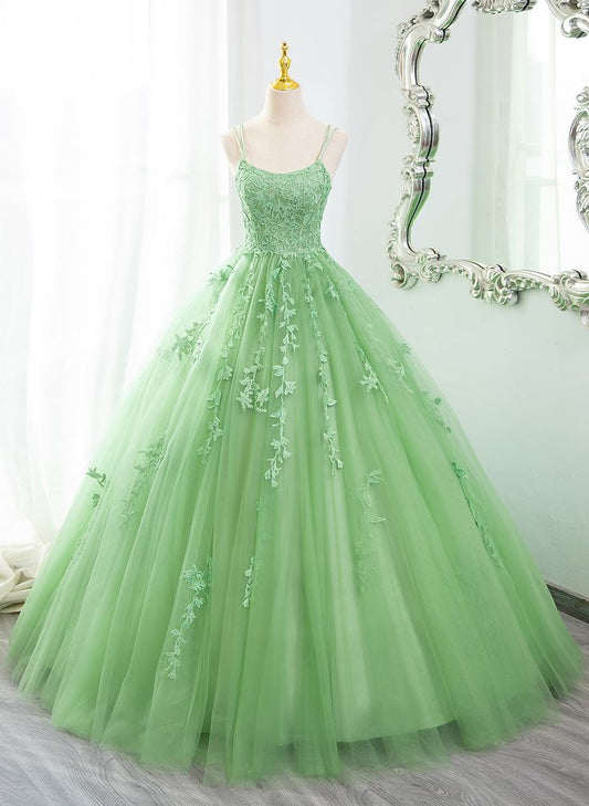 Green Ball Gown Scoop Straps Tulle Long Prom Dress, Green Tulle Formal Dress       fg4921