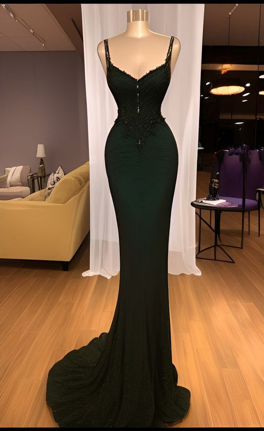 Sparkly Mermaid Spaghetti Straps Sleeveless Sequin Dark Green Prom Dresses Long Prom Dress        fg5119