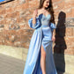Sky Blue Off The Shoulder Satin Long Evening Dresses Side Slit Backless Prom Party Formal Party Gown      fg4391
