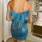 Cute Bodycon Strapless Blue Sequins Short homecoming Dresses with Feather    fg4337