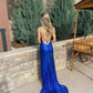 Cute Mermaid Scoop Neck Royal Blue Sequins Long Prom Dresses with Slit      fg4235