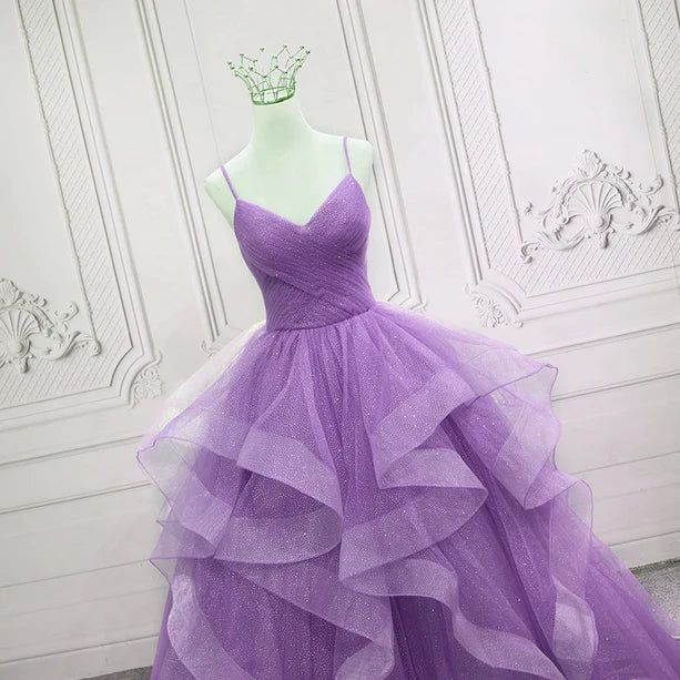 Gorgeous Purple Straps Layers Tulle V-neckline Long Evening Dress, Light Purple Prom Dresses     fg4168
