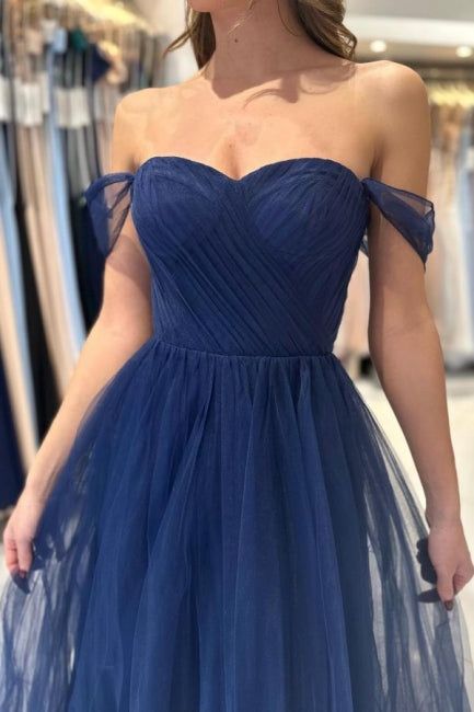 Elegant Long Navy Blue Off-the-shoulder A-line Sleeveless Prom Dresses      fg4312