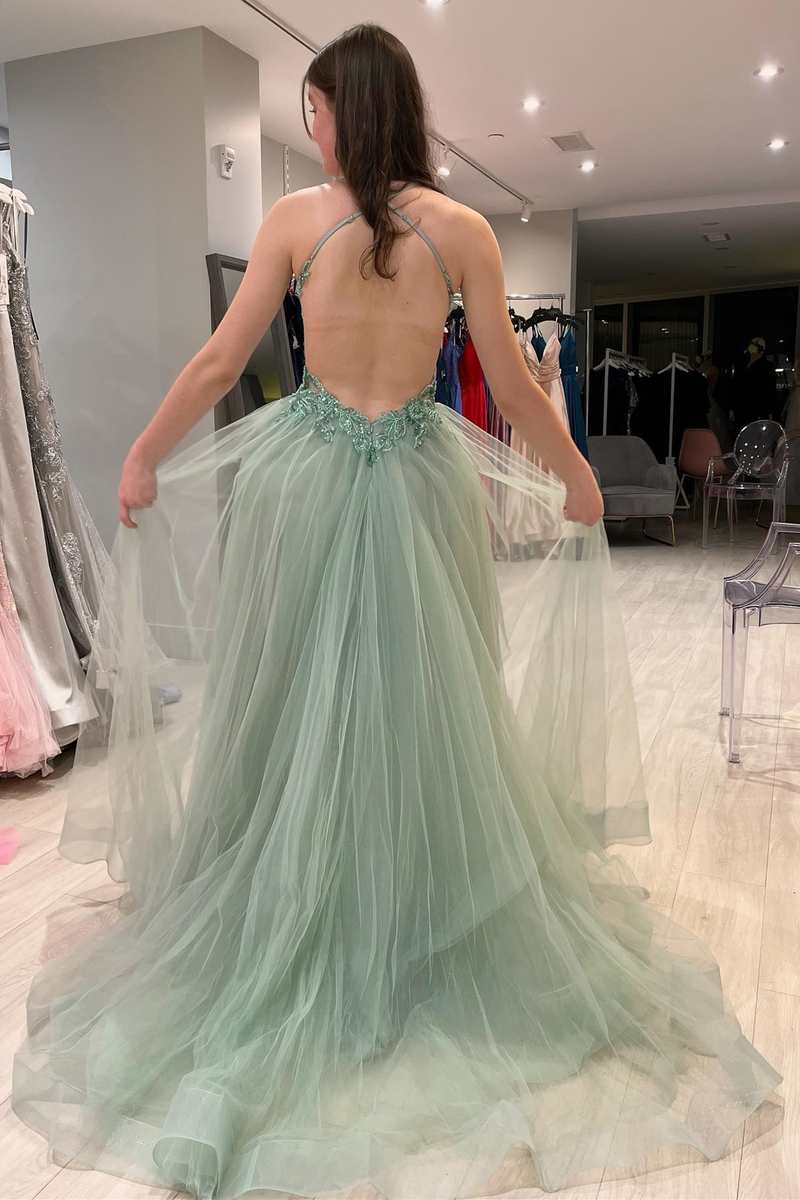 Sage Green Tulle Floral Lace Backless A-Line Prom Dress with Slit      fg4185