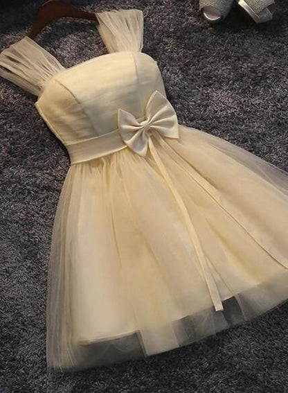 Lovely Champagne Tulle Cute Teen Homecoming Dress with Bow, Straps Tulle Formal Dresses      fg3745