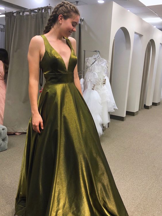 Olive Green Prom Dresses A line Satin New Formal Dress      fg3484