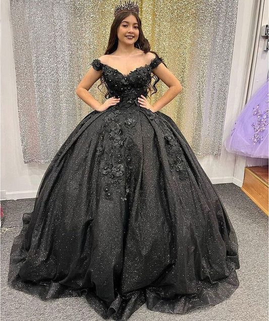 Shiny Black Quinceanera Off Shoulder Dress Sweet 15 16 Party Ball Gown Prom Dress      fg4072