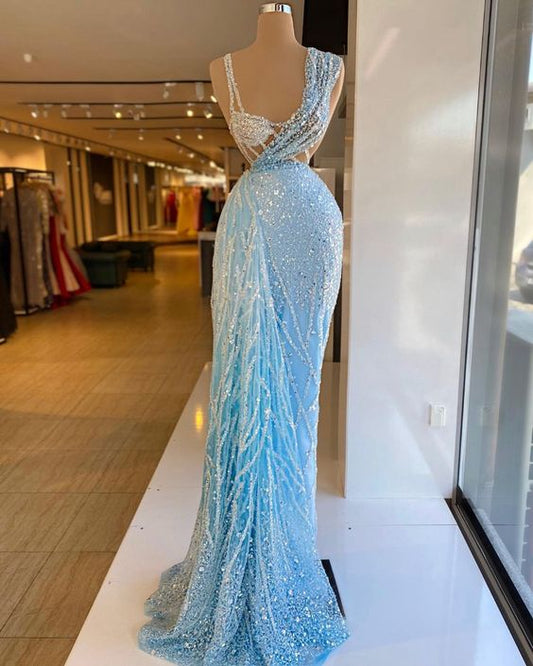 Luxury Sky Blue Evening Dresses Crystals Beaded Sleeveless Mermaid Long Length Tulle Sexy Women Prom Pageant Gowns       fg4294