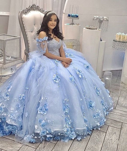 Light Blue Quinceanera Dress Off Shoulder 3D Flowers Beads Puffy Party Princess Sweet 16 Gown,Light Blue Ball Gown       fg4045