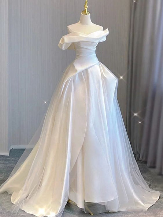 White Satin Tulle Off the Shoulder Pleats Wedding Dress    fg4100
