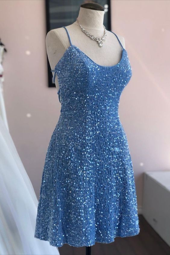 Straps Blue Sequin Homecoming Dress Short Princess Dress      fg4318