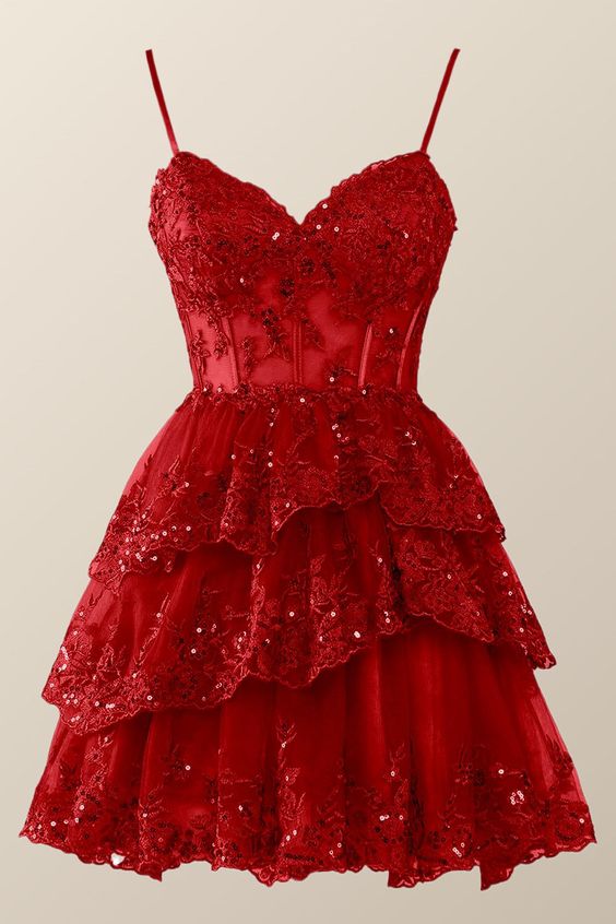 Straps Red Appliques Tiered Layered Short Princess Dress      fg4314
