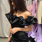 Black Satin Ruffle Bodycon Dress Homecoming Gown     fg3700
