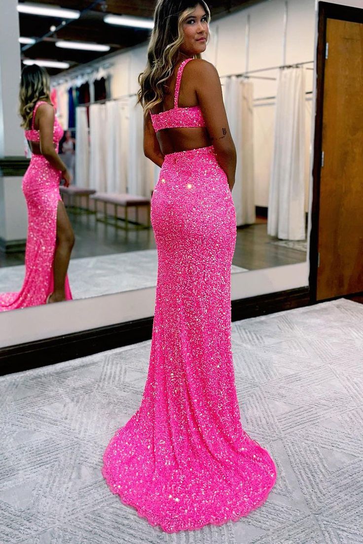Charming Glitter Mermaid V Neck Hot Pink Sequins Prom Dresses with Slit         fg4298