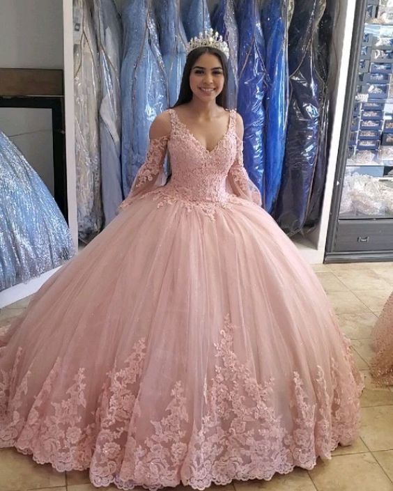 Pink A Line Tulle Ball Gown Lace Prom Dresses, Evening Gowns        fg3981
