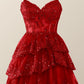 Straps Red Appliques Tiered Layered Short Princess Dress      fg4314