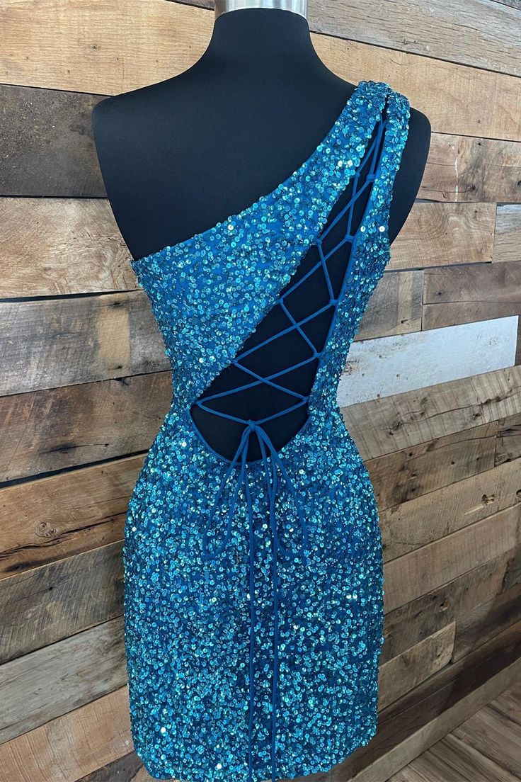Sparkle Blue Sequin One Shoulder Bodycon Party Dress     fg4346