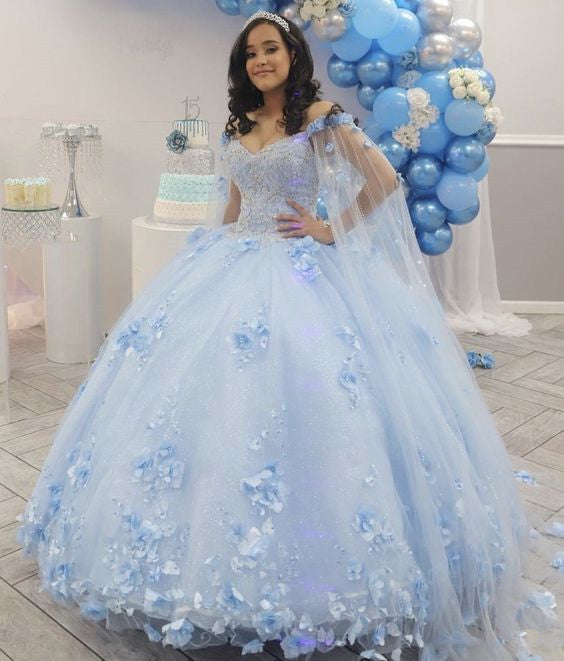 Light Blue Quinceanera Dress Off Shoulder 3D Flowers Beads Puffy Party Princess Sweet 16 Gown,Light Blue Ball Gown       fg4045