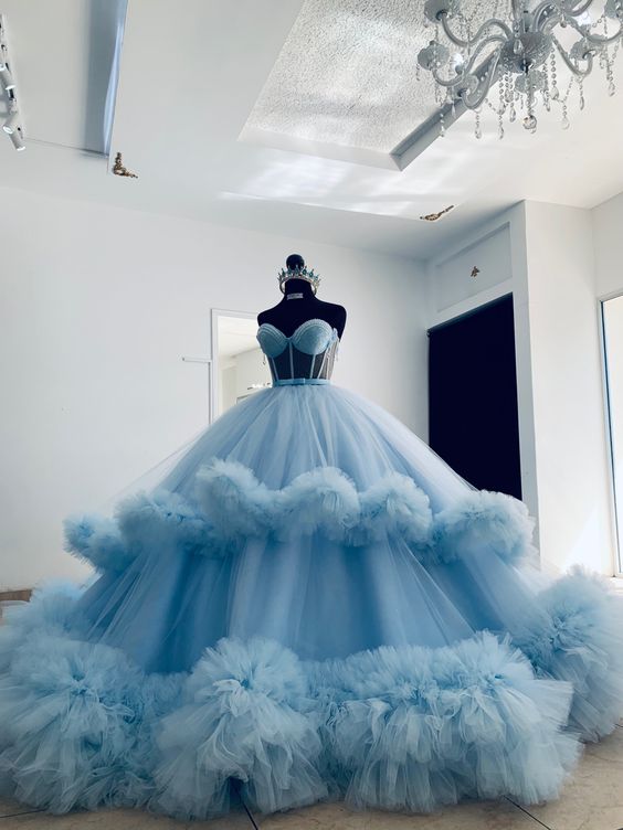 Puffy Ball Dress Blue Ruffled Tulle Prom Dresses Sweetheart Ball Gown Quinceanera Dresses      fg3630