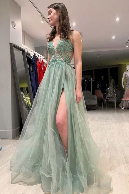 Sage Green Tulle Floral Lace Backless A-Line Prom Dress with Slit      fg4185