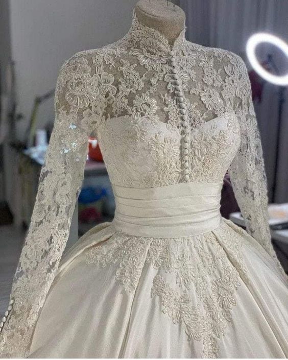 Wedding Dress 3D Flowers Pearls High Neck Lace Dresses Bridal Long Sleeve Ball Gowns For Women Ivory Muslim Engagement       fg4043