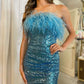 Cute Bodycon Strapless Blue Sequins Short homecoming Dresses with Feather    fg4337