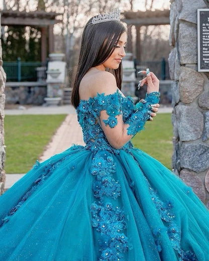 Princess Quinceanera Dresses Lace Applique Sweet 16 Dress Long Sleeves vestidos de 15 Ball Gown Prom Gowns     fg4216