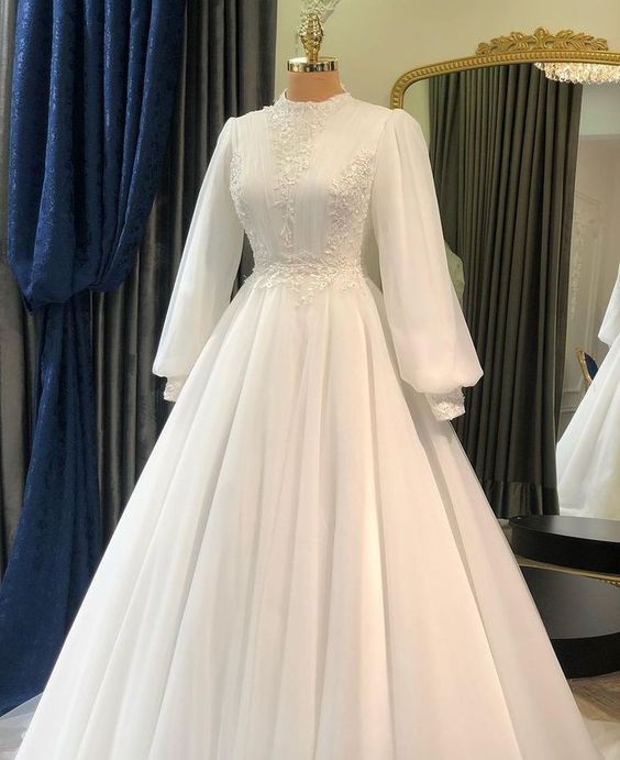 White Tulle Long Sleeve Prom Gown Wedding Dress    fg4114