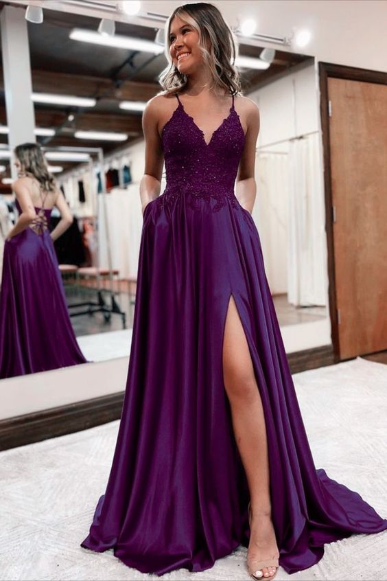 Elegant long a-line satin prom dresses v-neck split formal gown with lace appliques      fg3390