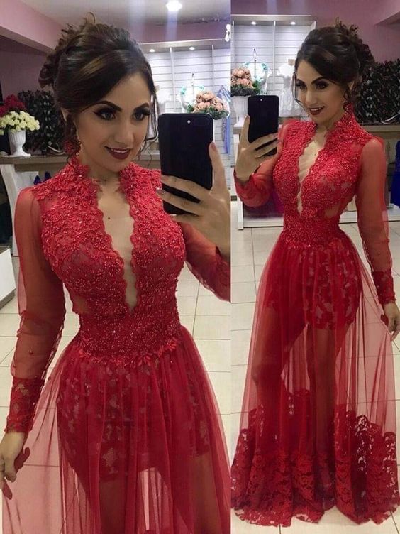 Red Lace Prom Dress Long Formal Dress       fg4137