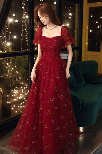 Burgundy Tulle Sequins Long A Line Prom Dress Evening Dress     fg4234