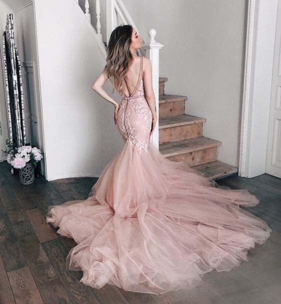 Sheer V-neckline Pink Mermaid Wedding Dress with Tulle Train     fg4090