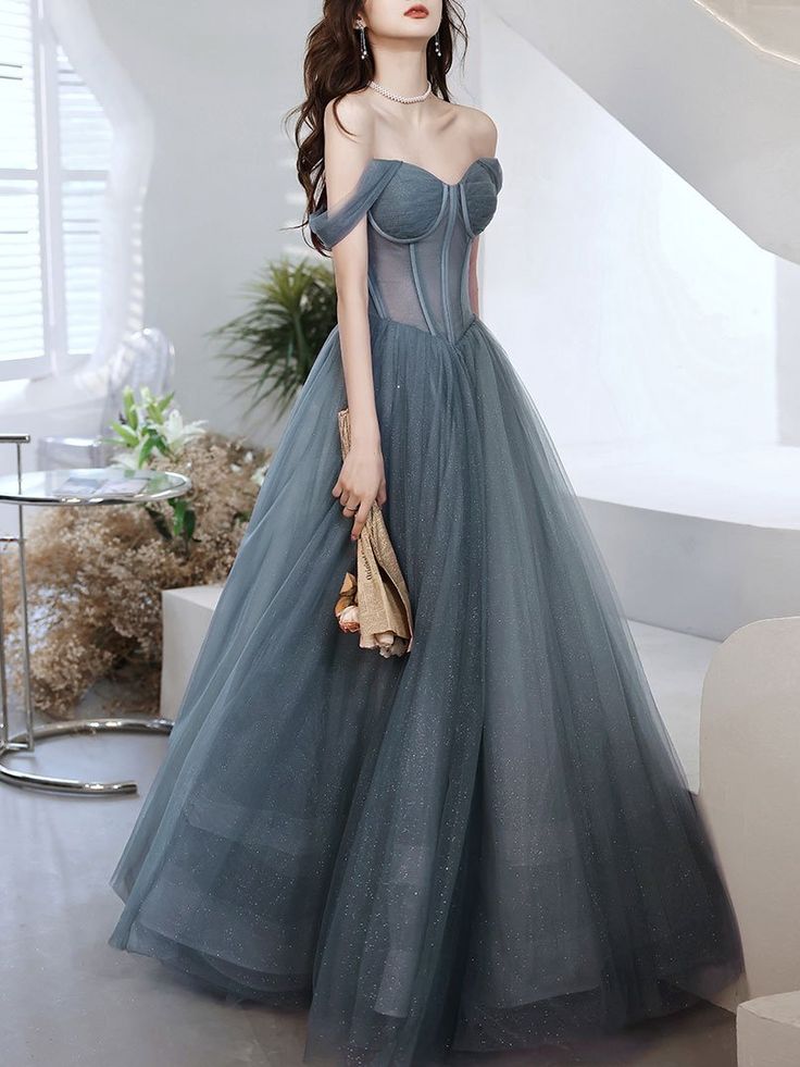A Line Sweetheart Neck Gray Tulle Long Prom Dress,  Evening Dress      fg3986