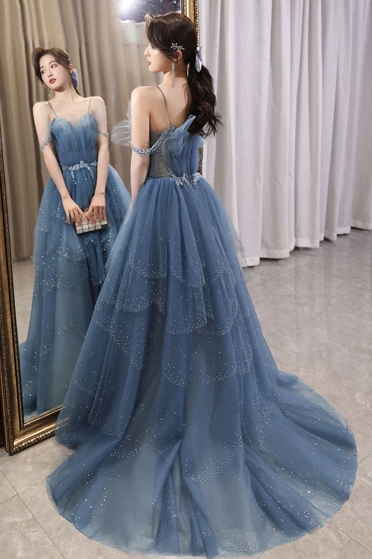 Blue Gorgeous Spaghetti Straps Tiered Tulle Prom Dress, Sparkly Dress With Beading       fg4000