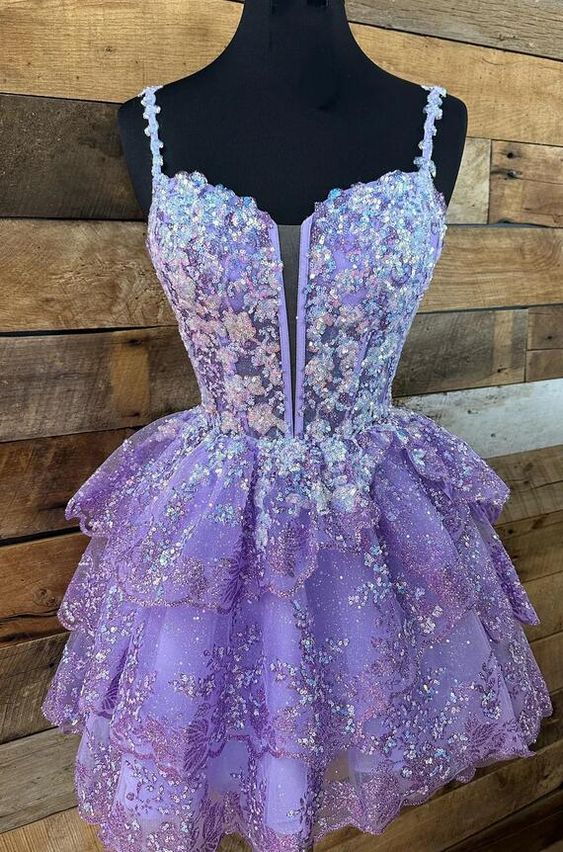 Straps Tulle Sequin A-Line Homecoming dress with Ruffle Skirt       fg3894