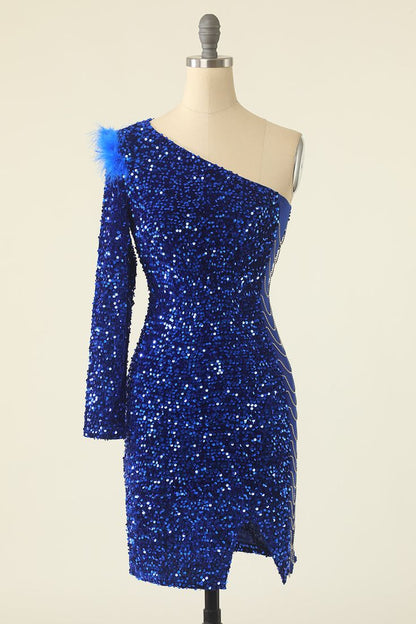 One Shoulder Sequined Cocktail Dress With Feathers      fg3845