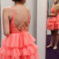 Coral A-line Soft Tulle Backless Homecoming Dresses, Short Prom Dresses     fg3417