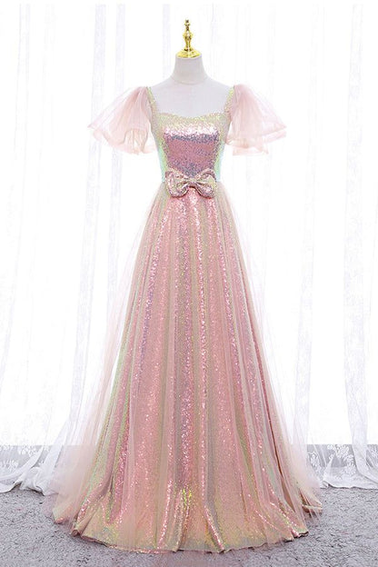 Pink Tulle Sequins Long Prom Dress, Cute Short Sleeve Evening Dress     fg4122