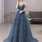 Blue Gorgeous Spaghetti Straps Tiered Tulle Prom Dress, Sparkly Dress With Beading       fg4000