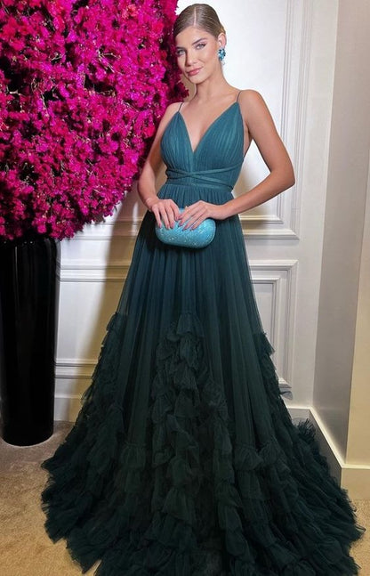 Teal Prom Dress A Line Tulle Formal Evening Gowns      fg4015