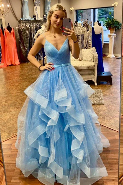Blue Tulle Multi-Tiered A-Line Prom Gown       fg4144