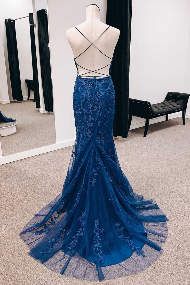 Navy Appliques Lace-Up Back Mermaid Long Formal Dress with Slit      fg4058