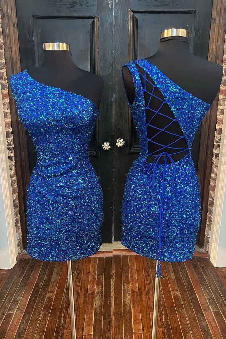 Sparkle Blue Sequin One Shoulder Bodycon Party Dress Homecoming Dresses    fg3578