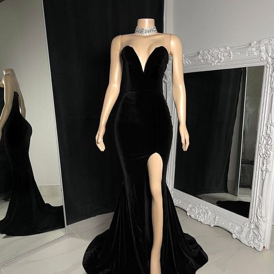 Elegant Black Formal Evening Dress Sleeveless Dress with Split     fg3723